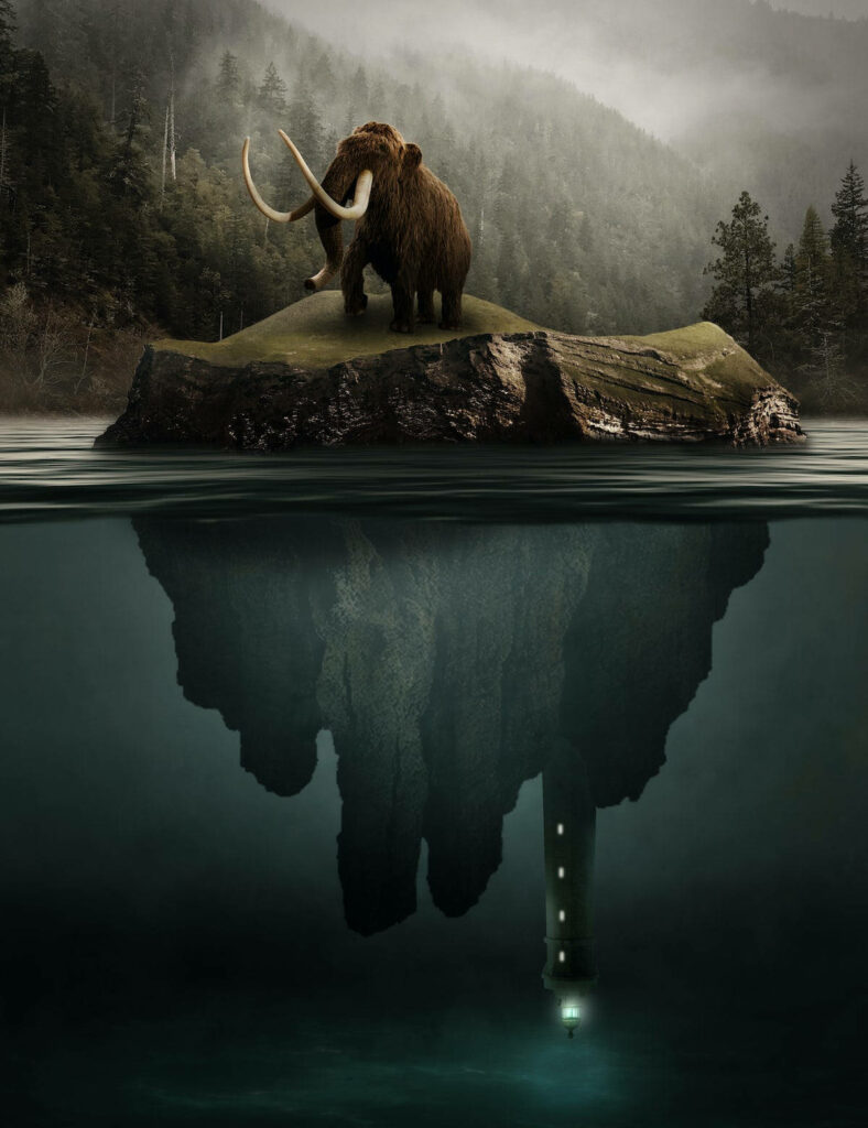Mystical Mammoth Wallpaper: Serene Island & Forest Reflection