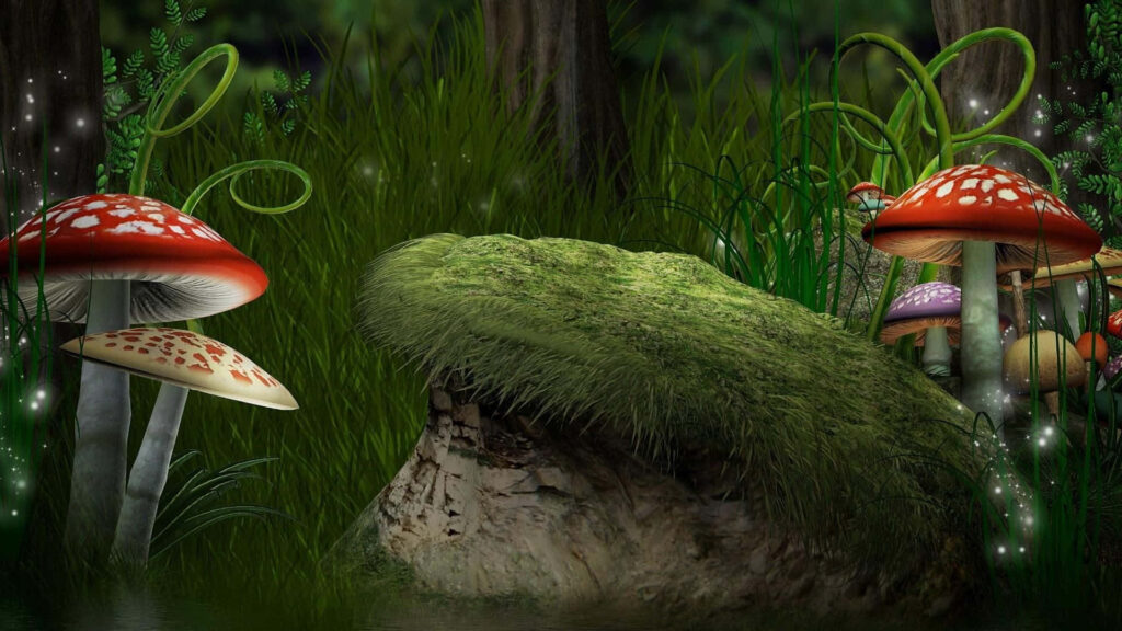 Enchanting Kingdom: Immersive Realistic Digital Art of Giant Fly Agaric Fungus amid Lush Greenery and Vines Wallpaper