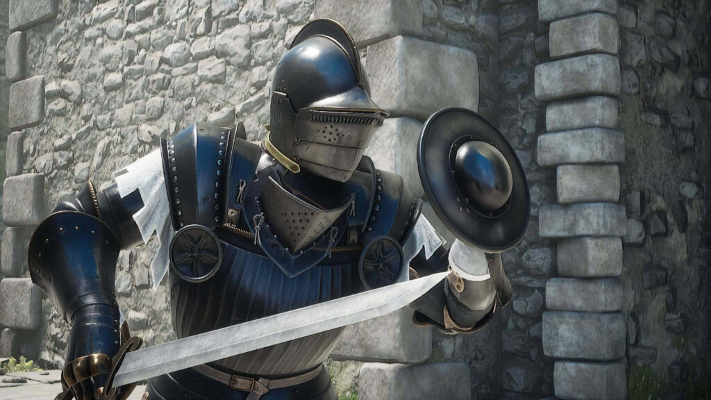 The Valor of Medieval Warfare: A Breathtaking Mordhau Console Game Wallpaper Depicting a Mighty Knight Brandishing His Sword by the Masonry Wall