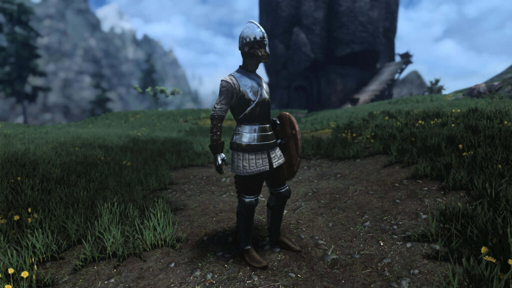 Medieval warrior in full plate armor in grassy field with fortress in the background - Mordhau-inspired scene Wallpaper