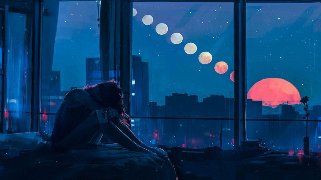 Melancholic Serenade: Aesthetic Laptop Photograph Featuring a Pensive Woman Amidst a Captivating Lunar Phases Backdrop Wallpaper