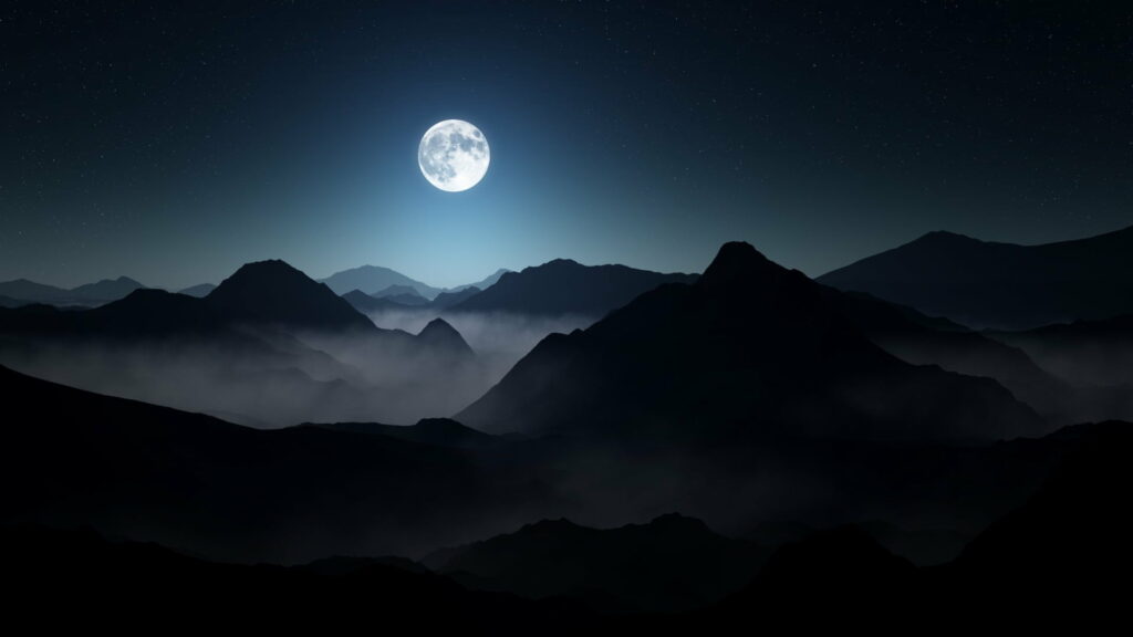Mystical Moonlit Mountainscape: A Stunning Starry Night Landscape with Misty Nature Ambiance Wallpaper