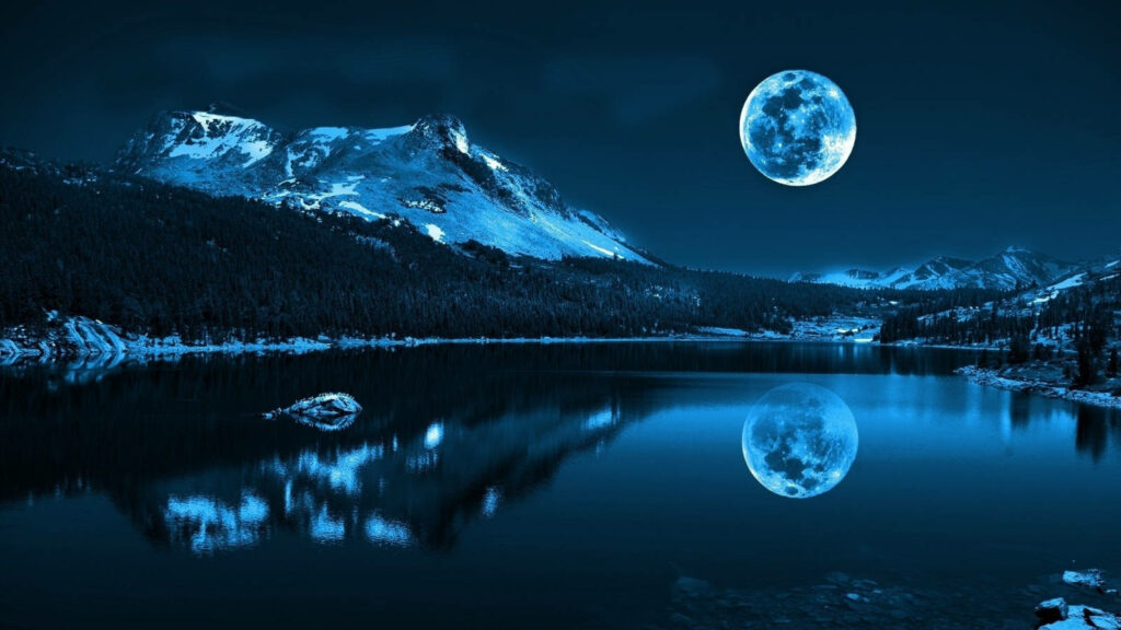 Lake Serenity: A Majestic Full Moon Illuminates Tranquil Waters With Enchanting Surroundings Wallpaper