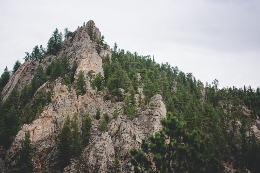 Mountain peak with rocky cliffs and dense green trees showcasing serene wilderness wallpaper