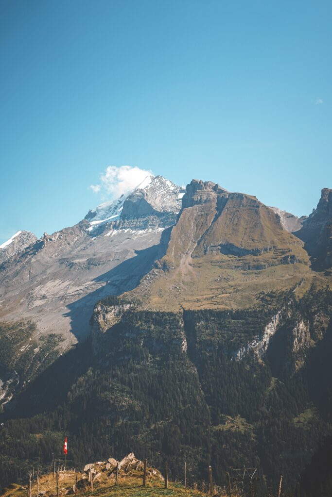 Majestic mountain peak above rocky terrain and lush forests under clear blue sky wallpaper background