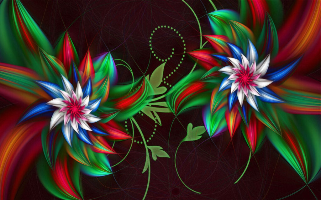 Psychedelic 3D flowers wallpaper with vibrant red green blue and white petals on dark background