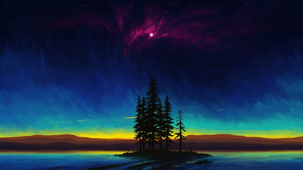 Majestic Nocturnal Vista: Captivating HD Wallpaper of Twinkling Trees in a Digital Landscape