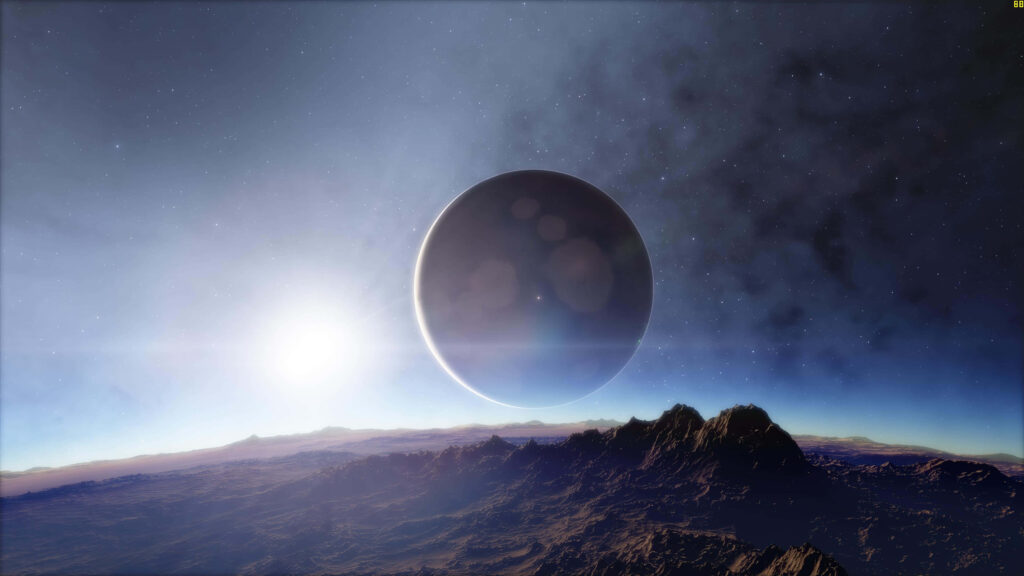 Majestic space-themed wallpaper featuring a planetary eclipse over an alien landscape.