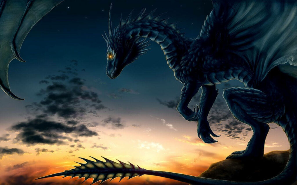 Majestic Twilight: Enigmatic Dragon Gazing at Sunset in Celestial Darkness Wallpaper