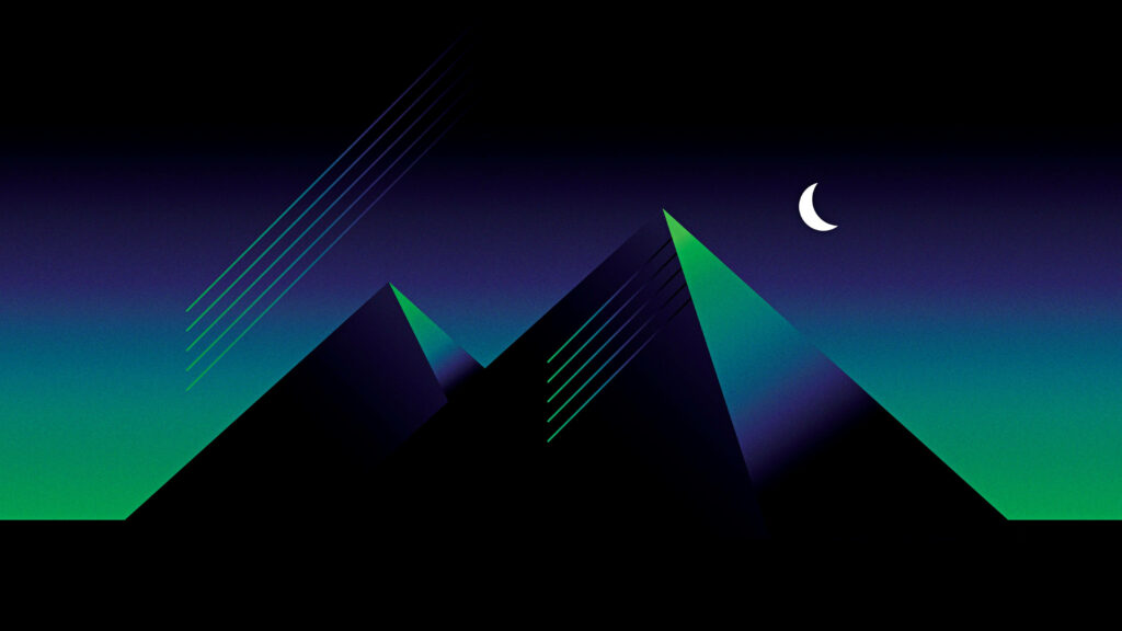 Synthwave Serenity: Vibrant Retro Pyramid Silhouette Immersed in Blue and Green Hues - A Striking 4K Artistic Capture Wallpaper