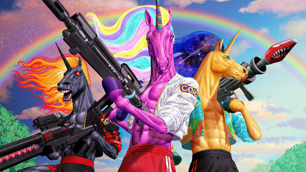 Rainbow Champs Unite: Marvelous Fortnite Skins Stand Tall with Fabio Sparklemane, Surrounded by Colorful Glory Wallpaper