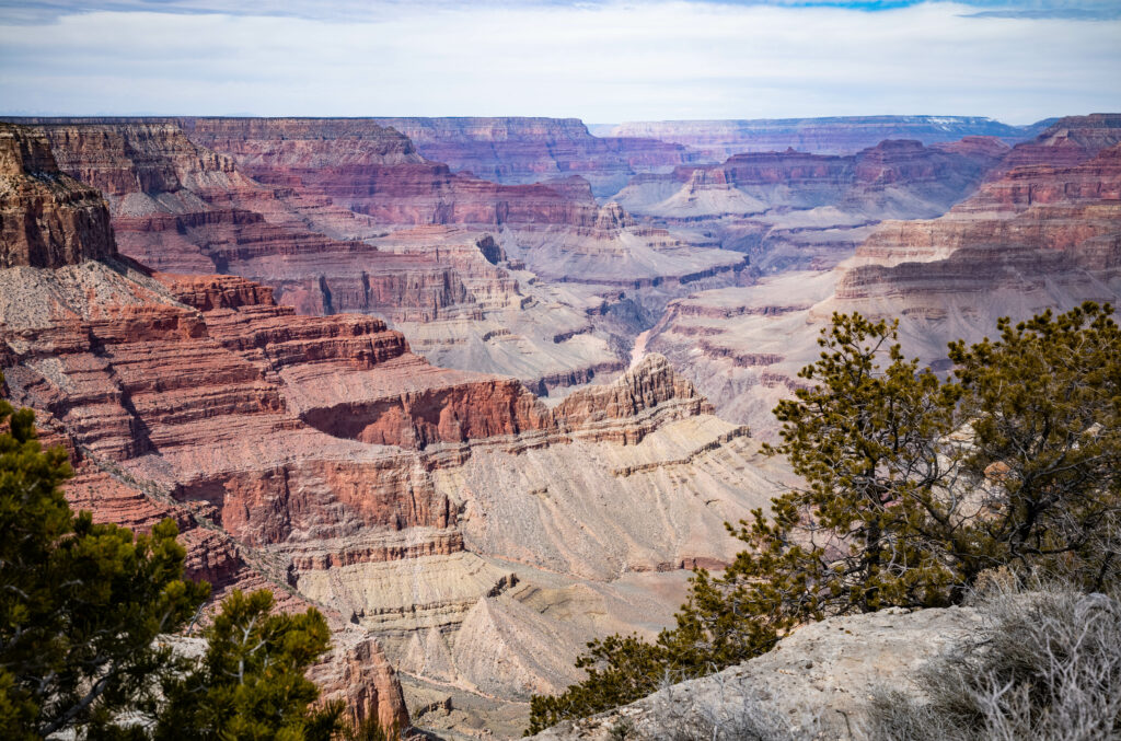 Vast red canyon with layered rocks sparse greenery under wide cloudy sky nature wallpaper background