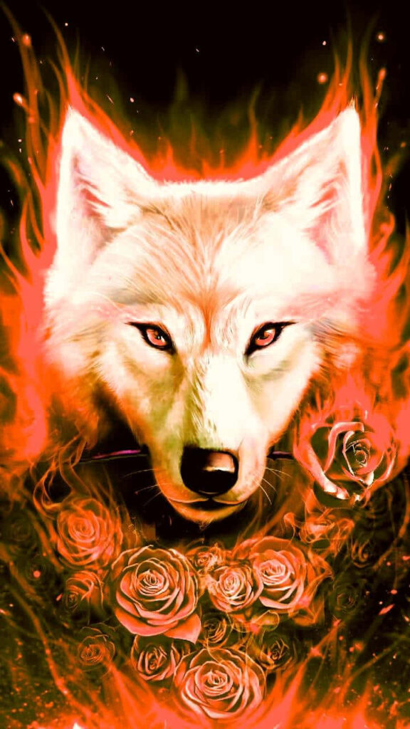 Majestic Red Wolf Wallpaper with Fiery Hues & Vibrant Roses