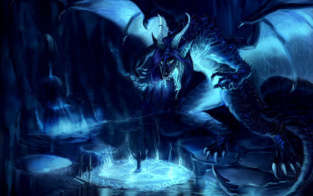 Enchanting Encounter: Majestic Blue Dragon Gazing Upon a Radiant Pool Wallpaper