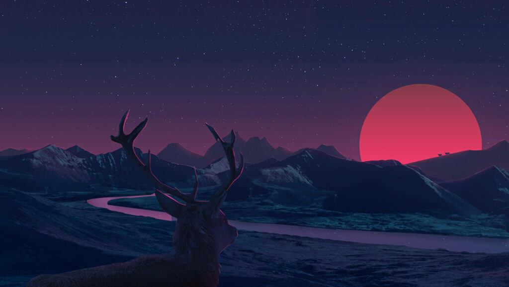 Majestic Reindeer Silhouette amidst Mountain Valley Waters with Pink Aesthetic Moon Wallpaper