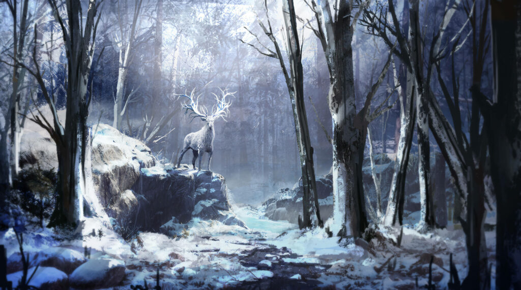 Majestic Reindeer with Antlers in Serene Snowy Forest Wallpaper
