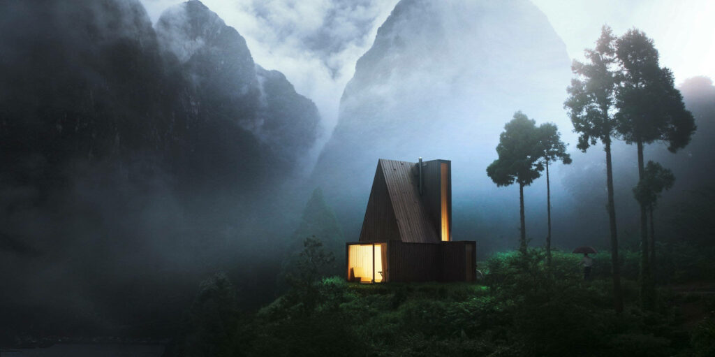 Majestic Retreat: Enigmatic Wood House amidst Foggy Forest and Mountain Enclave Wallpaper