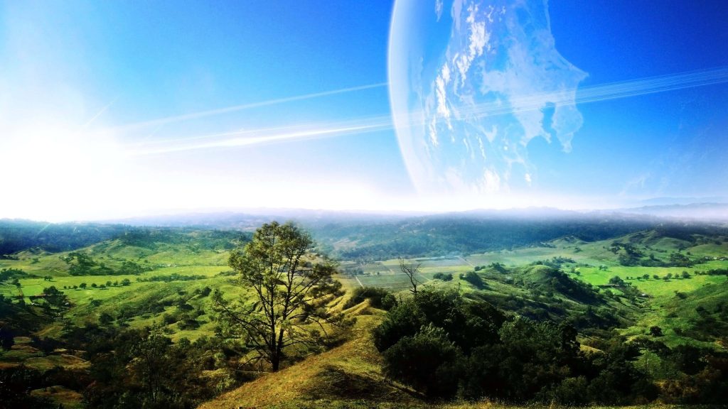 4K Ultra HD wallpaper of rolling green hills beneath a bright sky with a massive ringed planet