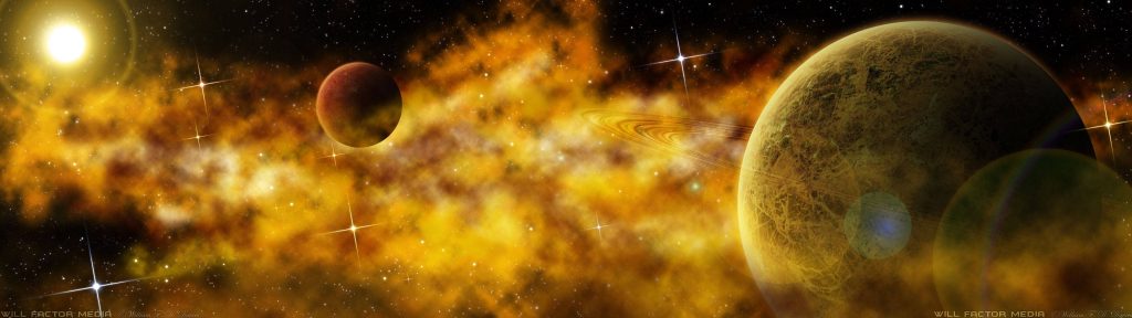 Dual monitor wallpaper ringed planet moon golden galaxy vibrant nebulae cosmic stars view