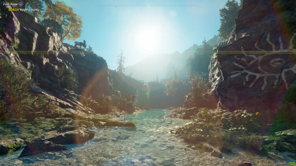 The Serene Vistas of Hope: Captivating River Mountain Landscape with Sun's Halos and Enigmatic White Eye Symbol Wallpaper