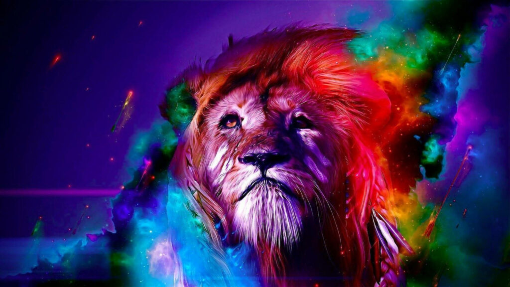 Space Kings: Majestic Lion Amidst a Burst of Colors Wallpaper