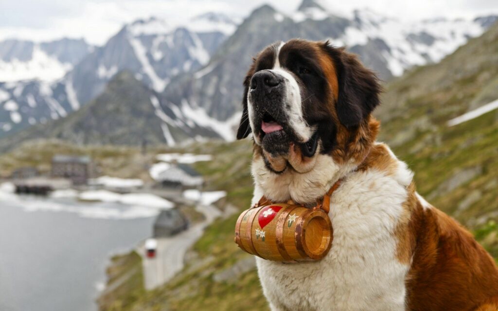 Majestic Saint Bernard in Mountainous Landscape - Iconic Rescue Dog Wallpaper