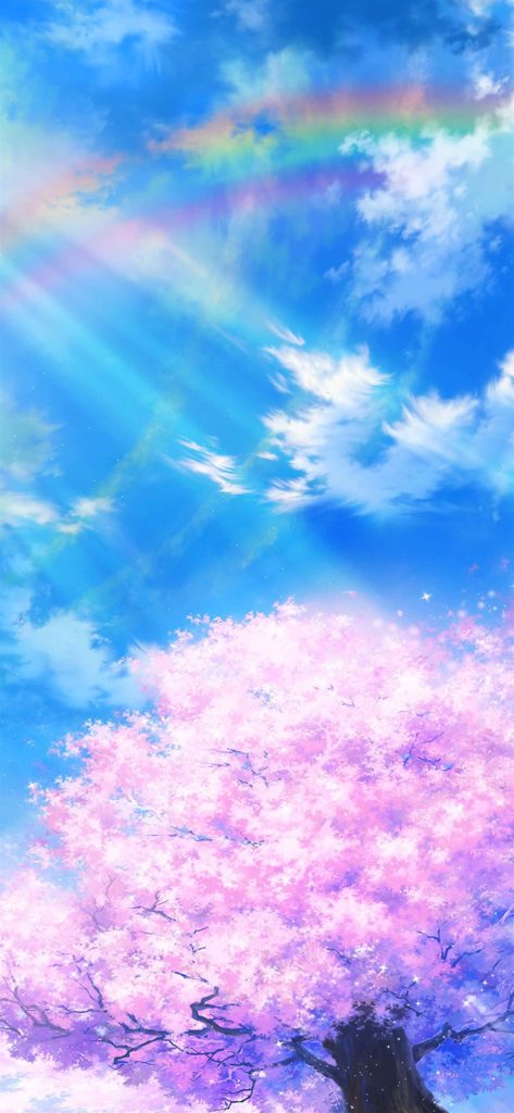 Vibrant digital anime Sakura tree blooming under blue sky with rainbow and sparkling light rays background Wallpaper