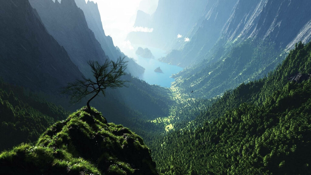 Majestic High-Definition Mountain Valley: A Tranquil Lake Sits in the Distant Horizon Wallpaper