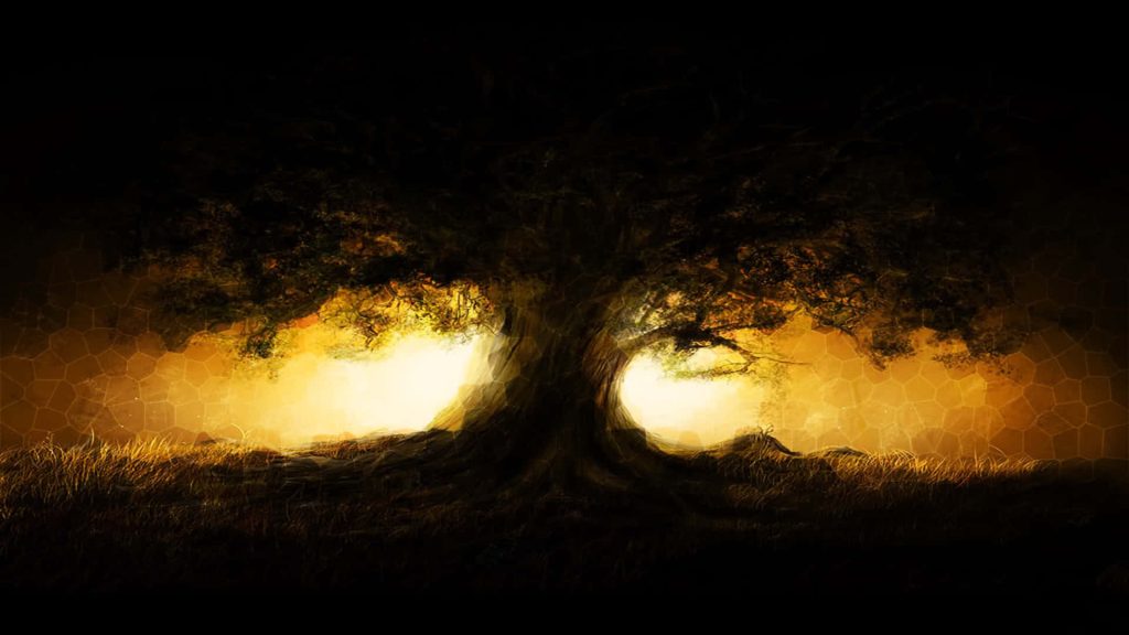 Majestic tree silhouette with golden glow geometric texture nature landscape wallpaper background