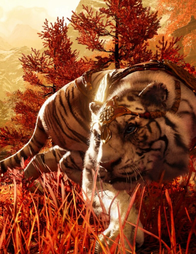 Majestic Bejeweled Sky Tiger Roaming the Enchanting Amber Forest of Shangri-La Wallpaper