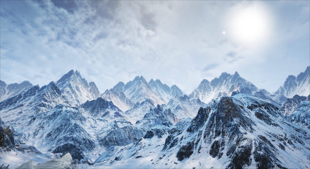 Snow-capped rugged mountain ridges in bright daylight digital art alpine wilderness wallpaper