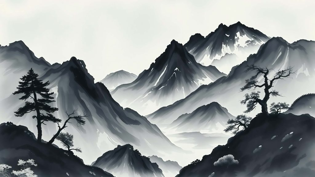 4K ink wash landscape wallpaper with snow-capped mountains and silhouetted pine trees background