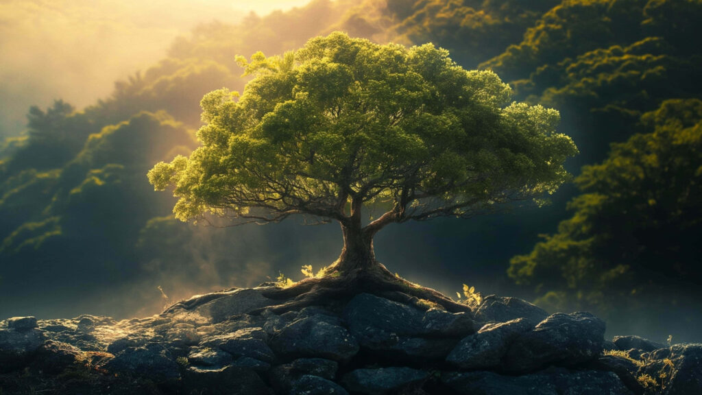 Serene Sunrise Wallpaper: Majestic Tree on Rugged Rocks