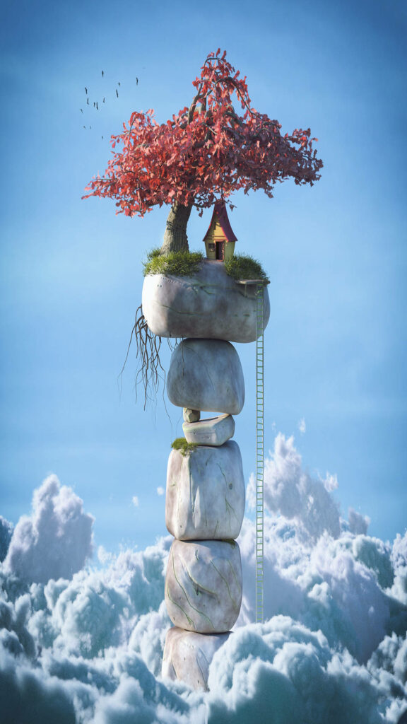Surreal Serenity: A Captivating Full HD Phone Wallpaper featuring a Striking House atop a Crimson Maple Tree amidst Stacked Rocks