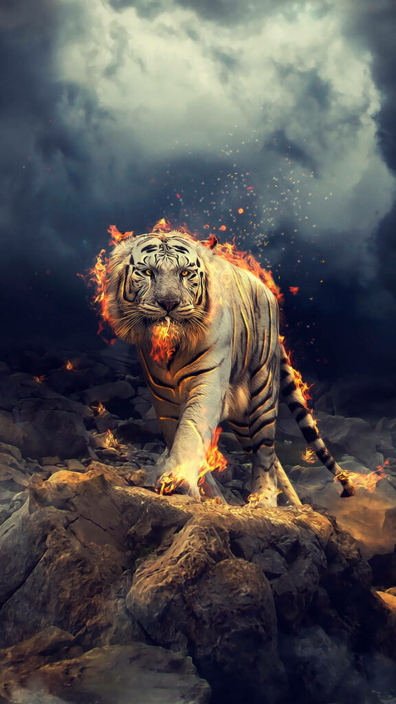 Majestic Tiger Wallpaper: Fiery Embers & Stormy Background Art