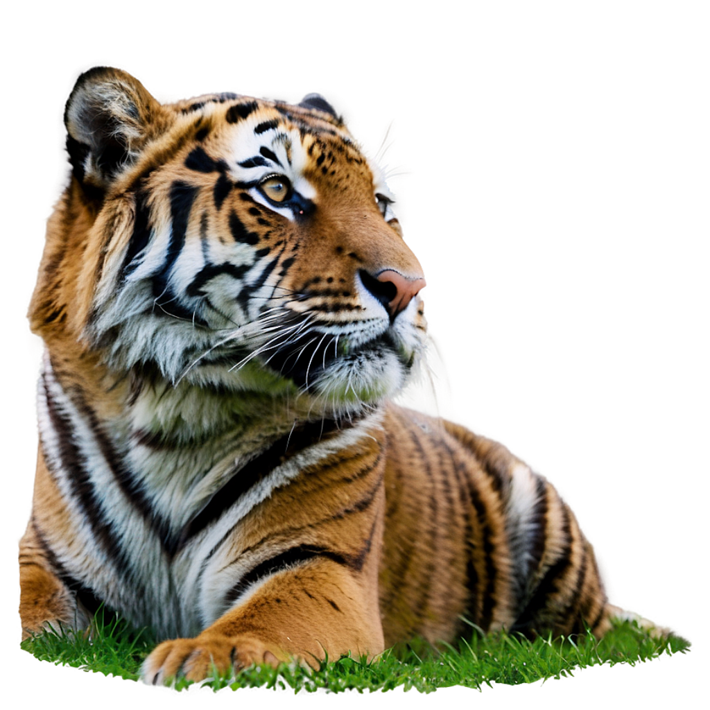 Majestic Tiger Gazing Upward on Lush Green Grass Wallpaper