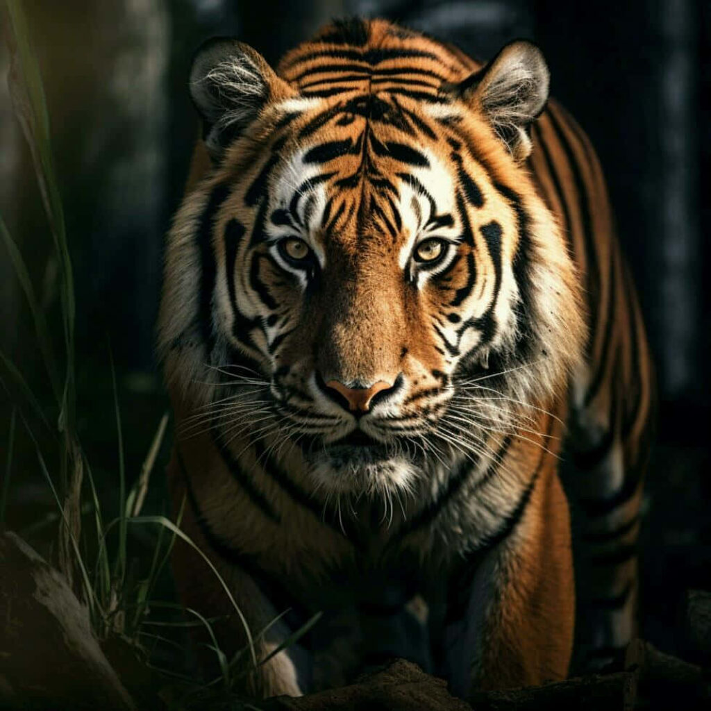 Majestic Tiger Wallpaper: Intense Gaze in Lush Natural Background