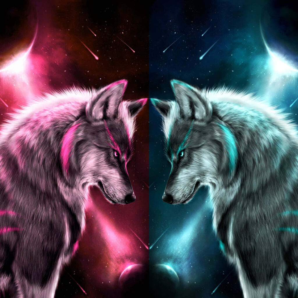 Majestic Wolves in Red and Blue Cosmic Digital Wallpaper Background