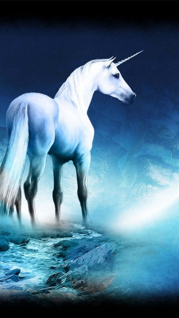 Majestic Unicorn 3D Illustration in Ethereal Blue and White Landscape Wallpaper