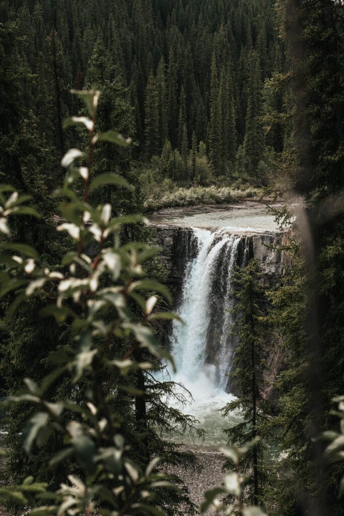 Majestic waterfall cascading over rugged cliff into frothy pool amid lush green forest landscape Wallpaper