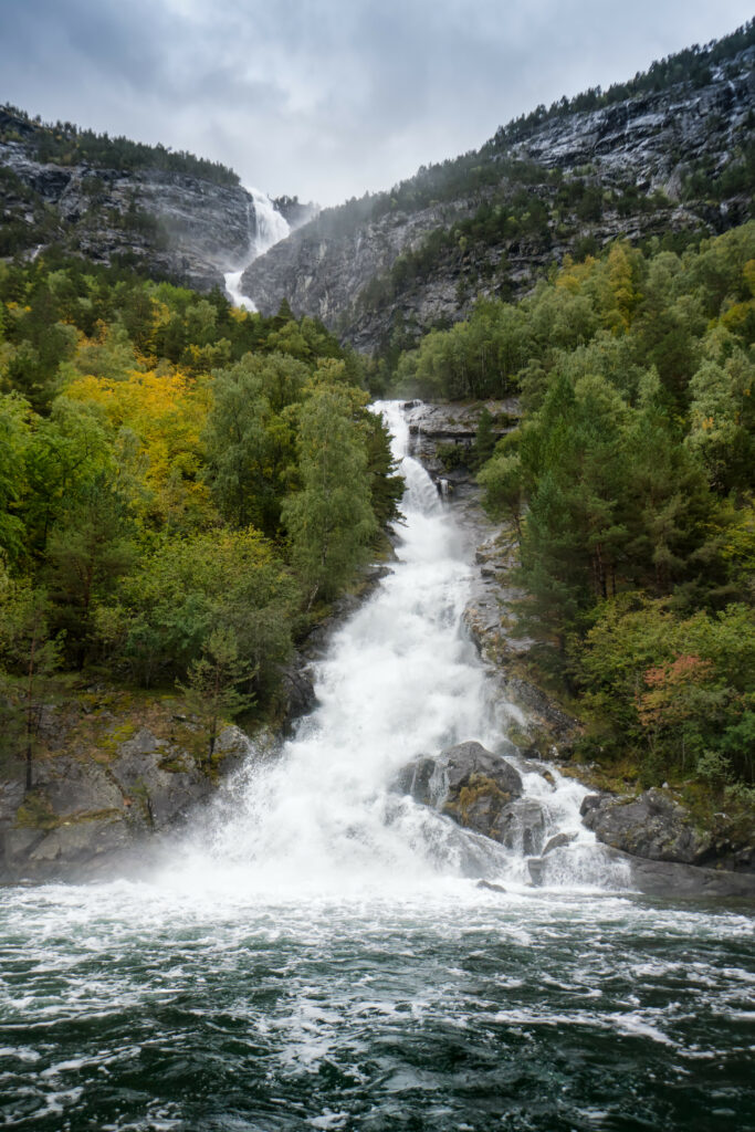 Powerful waterfall cascading over rocks with lush green forest under dramatic overcast sky wallpaper
