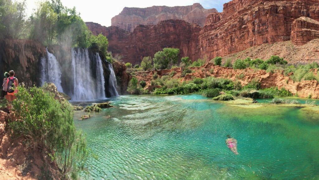 Stunning Waterfall Wallpaper: Turquoise Pool & Rugged Red Cliffs