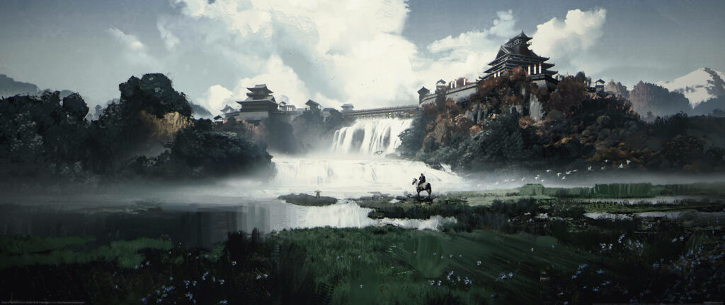 Enchanting Japanese Waterfalls Cascading beneath Tranquil Moonlit Houses - Ultra Wide 4k Nature Wallpaper