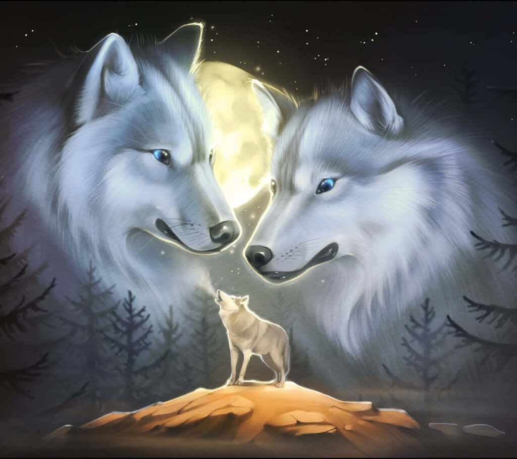 Majestic White Wolves Howling Under a Starry Night Sky Wallpaper