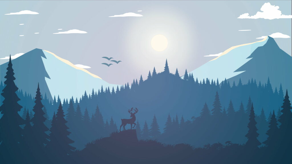 Majestic Deer atop a Mountain: A Breathtaking HD Wallpaper with Silhouette of Trees under a White Sky