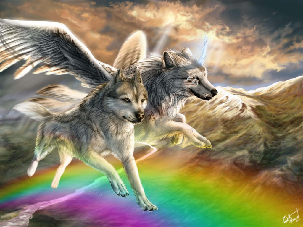 Majestic Winged Wolf Soaring Over Rainbow - Vibrant Background Wallpaper