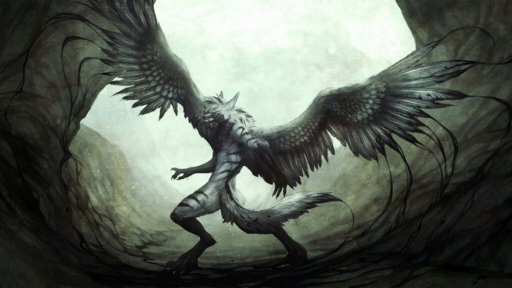 Ethereal Winged Wolf Wallpaper: Mystical Cave Scene
