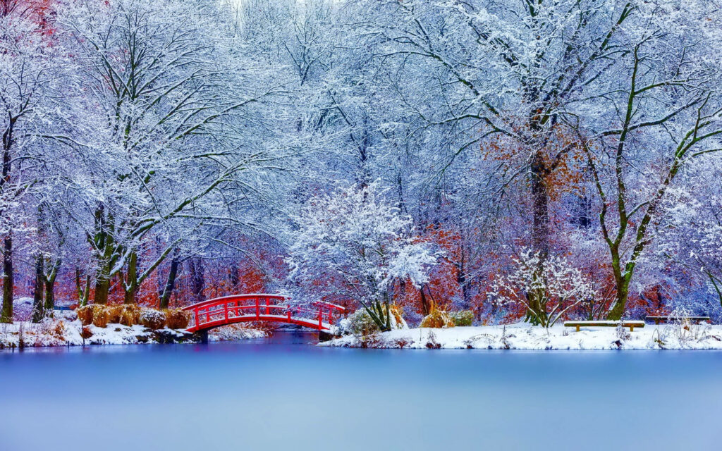 A Winter Wonderland: Capturing the Enchanting Splendor of a Red Bridge Amidst a Frozen Park Wallpaper