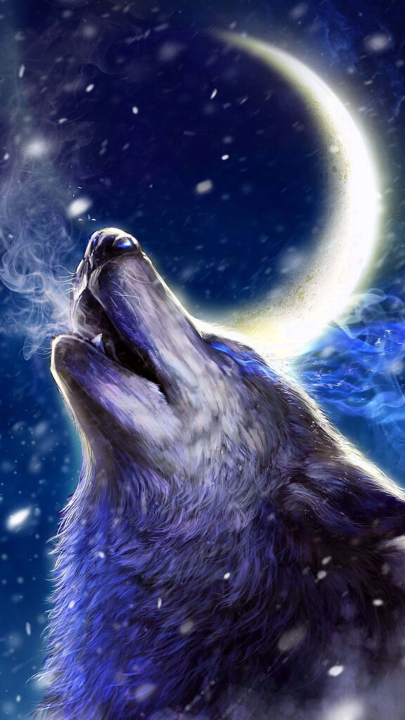 Wolf Howling Under Crescent Moon - Ethereal Night Sky Wallpaper