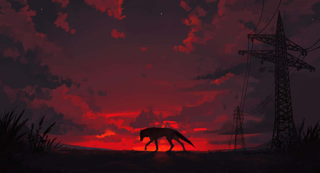 Majestic Wolf Silhouette at Dramatic Sunset - Wild Landscape Scene Wallpaper